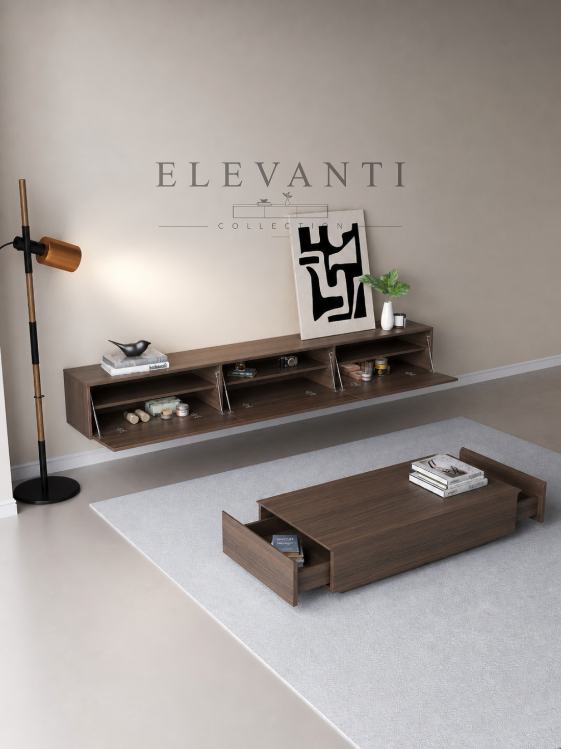ELEVANTI Walnoot TV-Meubel — 300 cm