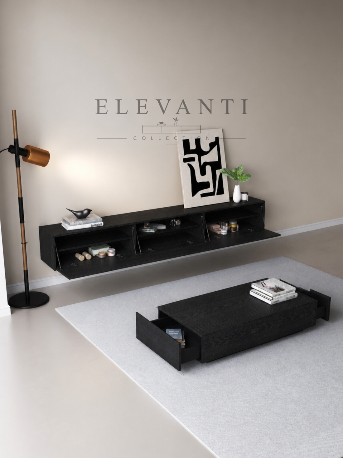 ELEVANTI Zwart Eiken TV-Meubel — 280 cm