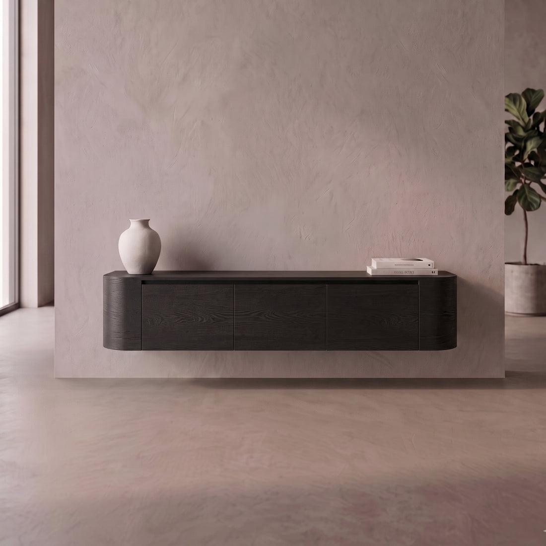 Japandi TV-Meubel Curve 240 cm Zwart Eiken | ELEVANTI